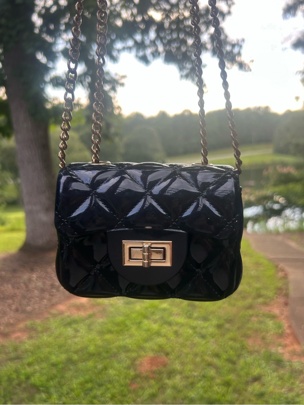 Black Quilted Jelly Mini Crossbody Bag with Gold Chain Strap